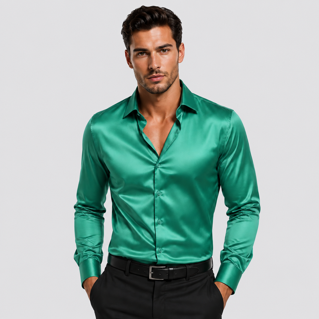 Montarello Men's Satin-Look Spread Collar Long-Sleeve Smart Casual Shirt