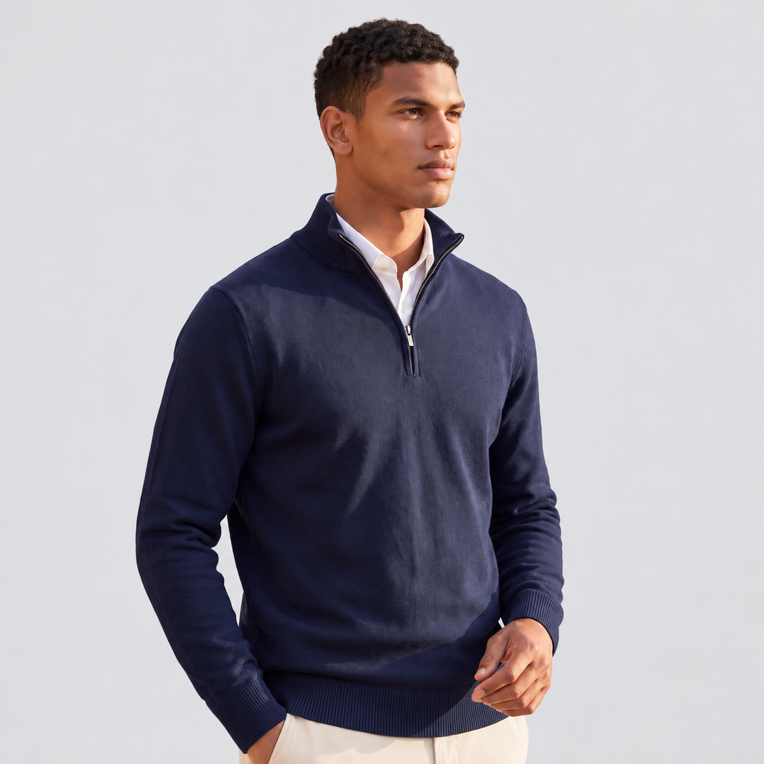 Montarello Men's Quarter-Zip Knitted-Look Sweater with Stand Collar