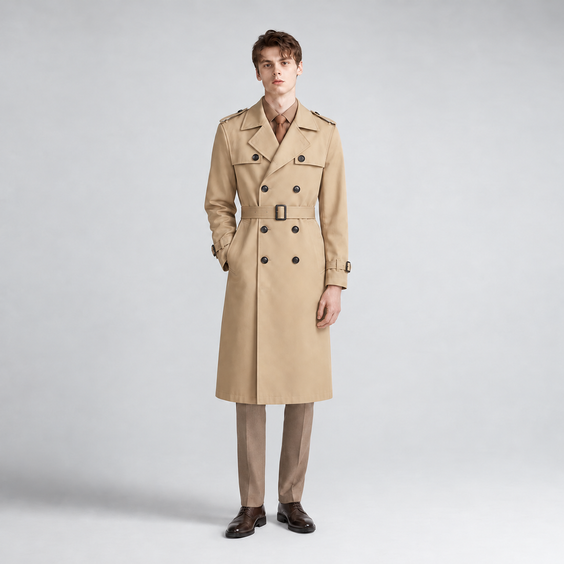 Montarello Men's Belted Trench Coat with Double Breasted Front – khaki front view
