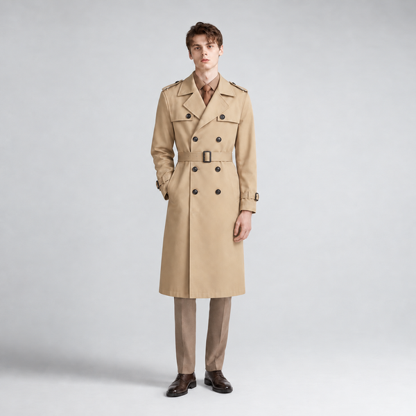Montarello Men's Belted Trench Coat with Double Breasted Front – khaki front view