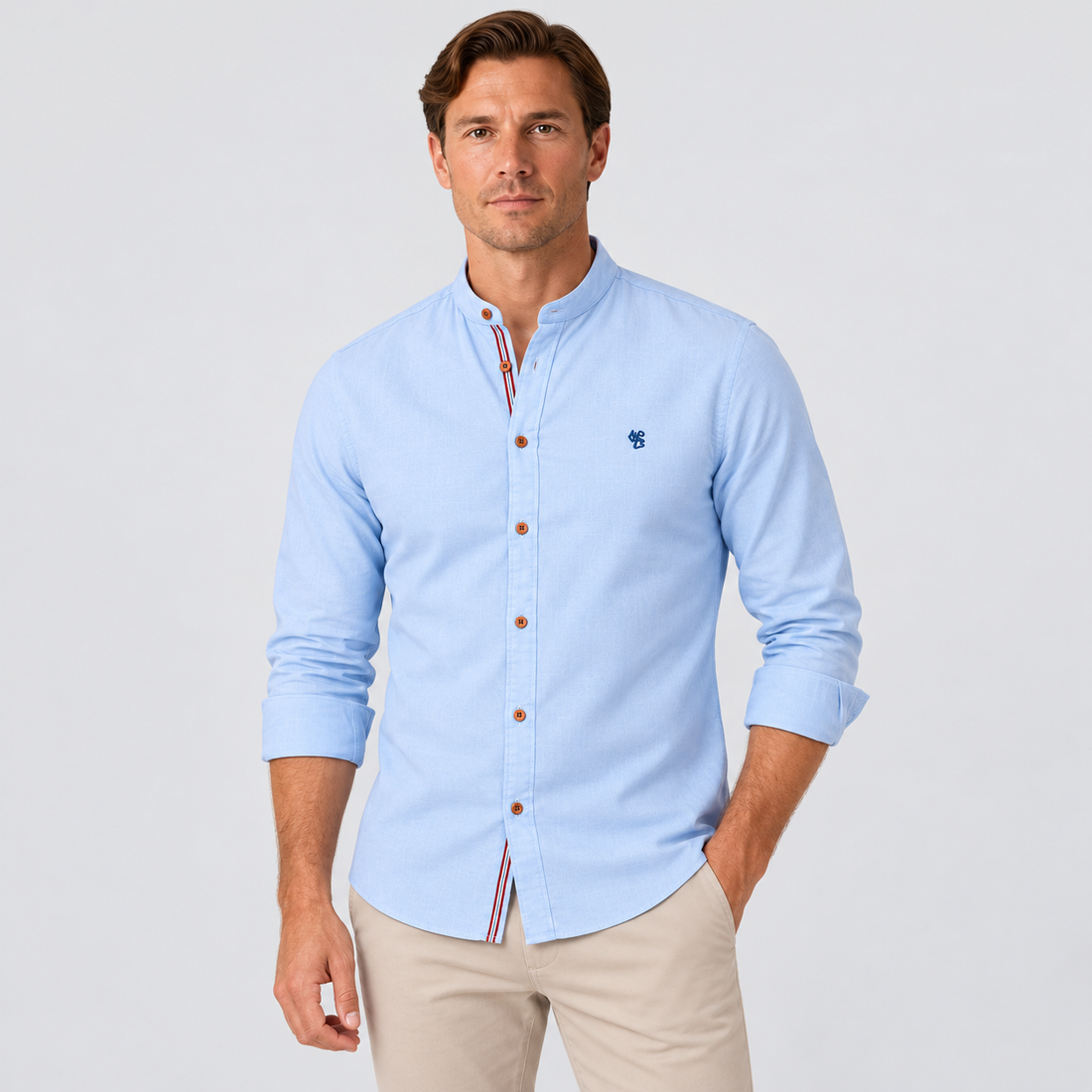 Montarello Men's Collarless Long-Sleeve Shirt — Light Blue — studio front