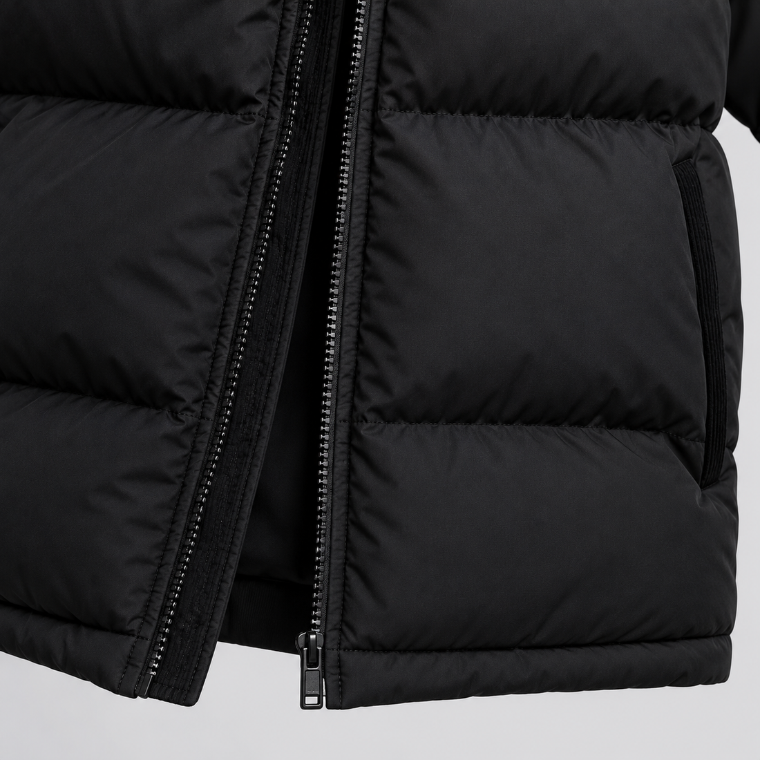 Montarello men's oversized hooded puffer jacket – black zip detail