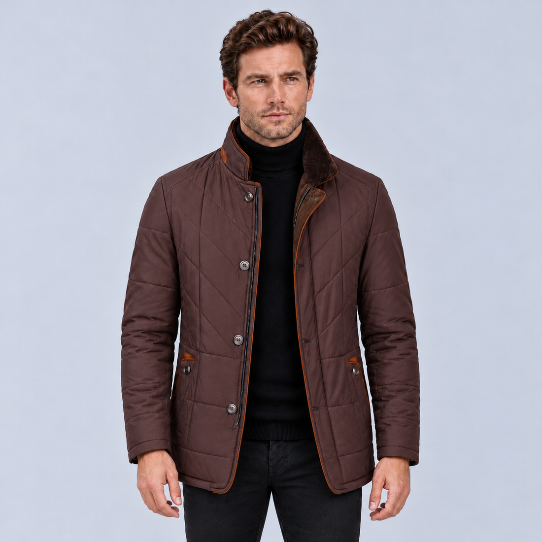 Montarello men's quilted stand collar jacket – burgundy front standing