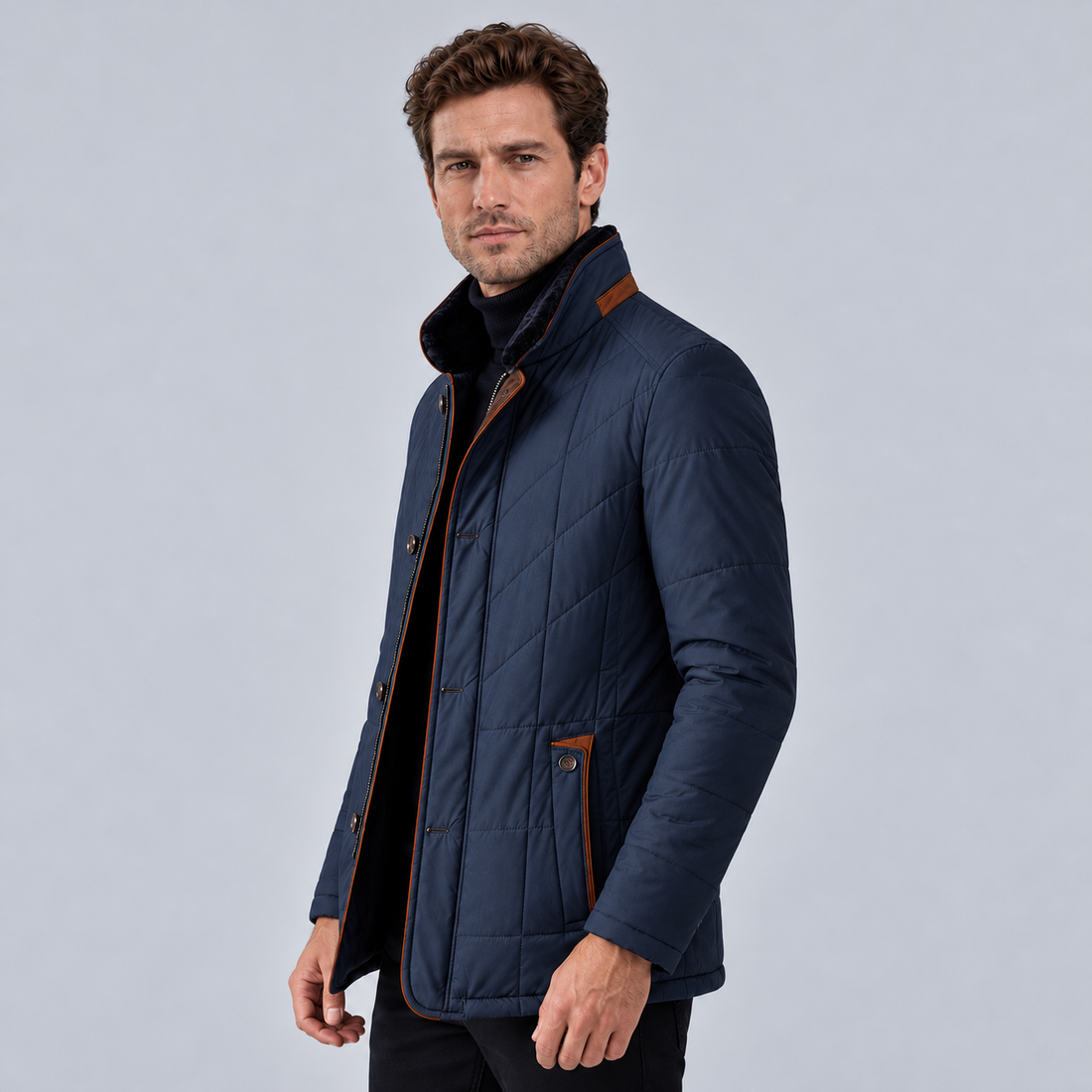 Montarello men's quilted stand collar jacket – dark blue side