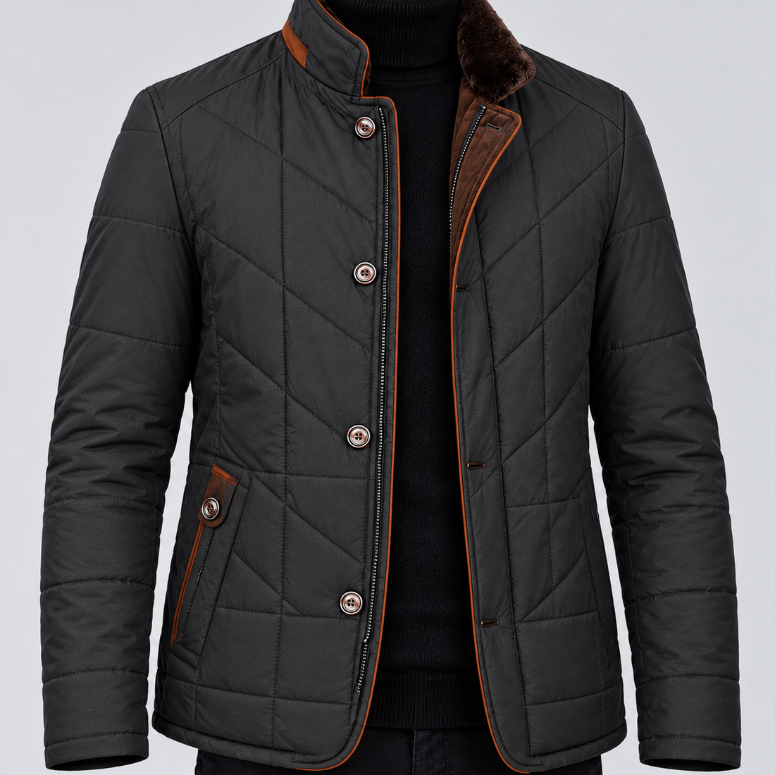 Montarello men's quilted stand collar jacket – black front fabric detail