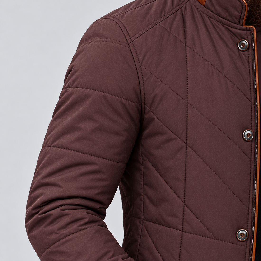 Montarello men's quilted stand collar jacket – burgundy sleeve detail