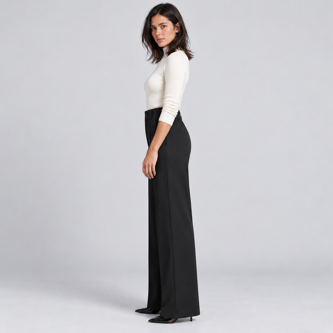 Women's high-waisted tailored trousers – black side