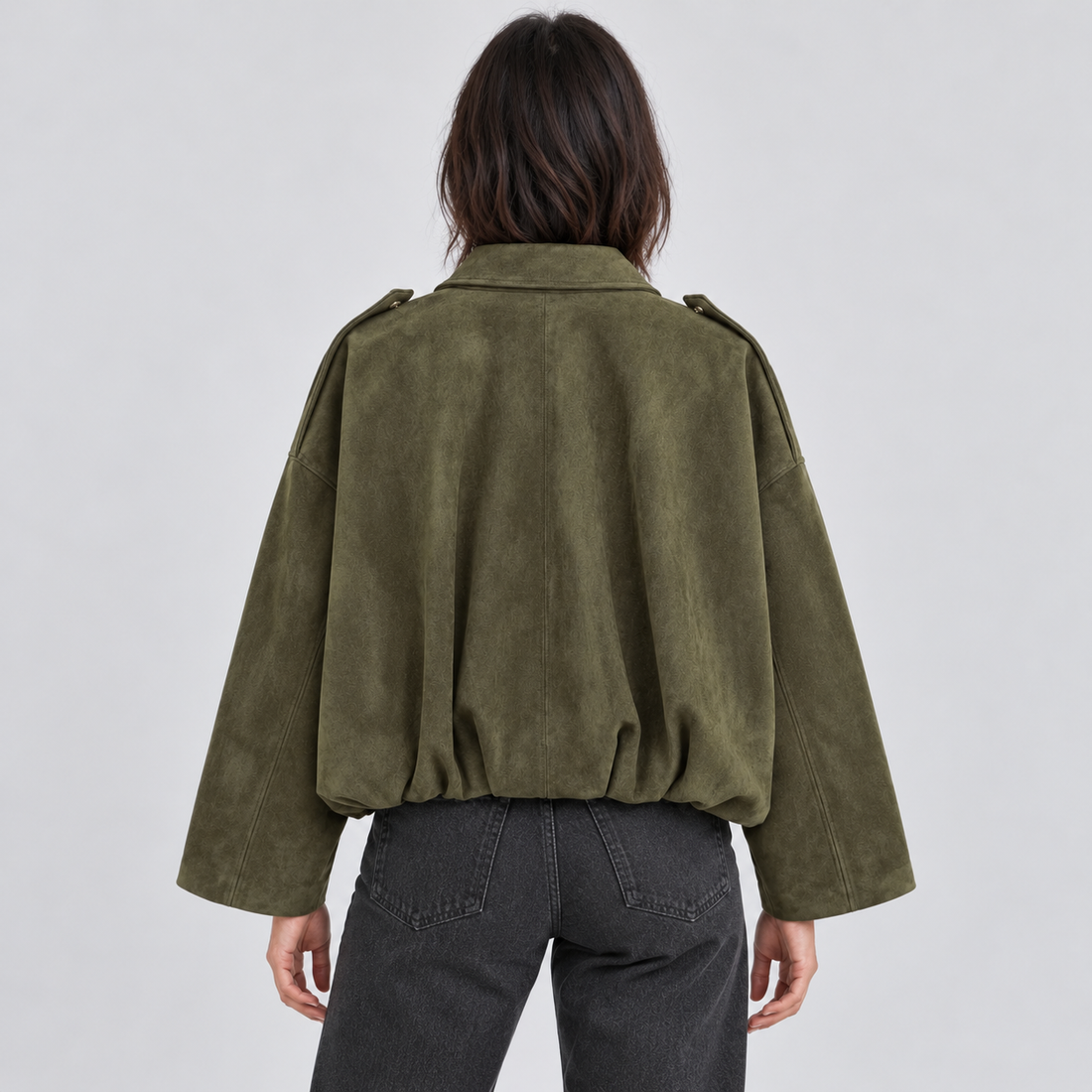 Women's faux suede bomber jacket – green back