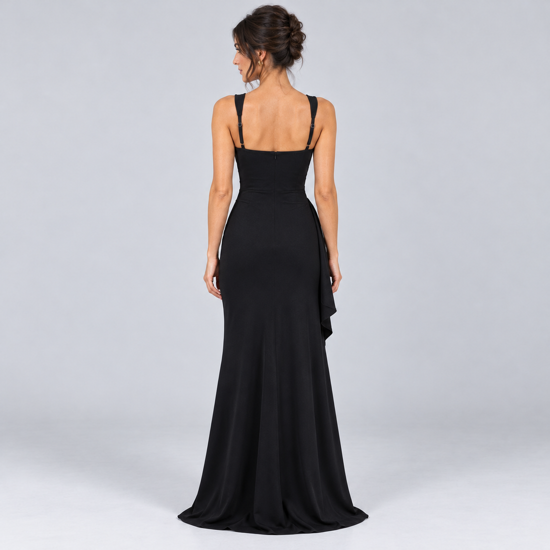 Montarello Women's Square-Neck Ruched Maxi Dress with Side Split – black back