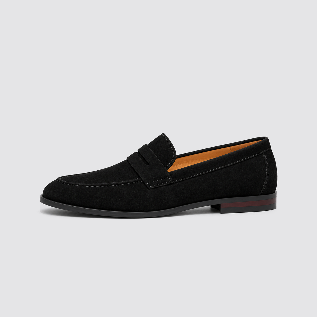 Black suede penny loafer side profile