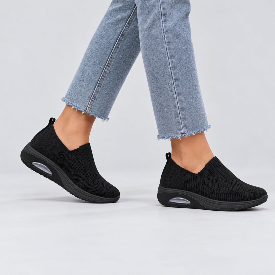 Montarello Women's Slip-On Trainers with Knitted Upper — Black — worn with trousers