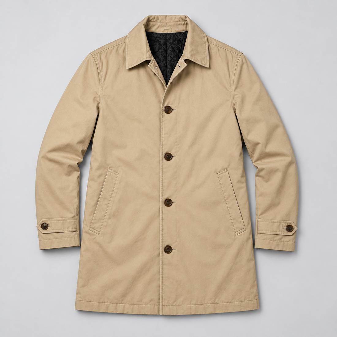 Montarello Men's Tailored Longline Button Front Coat — Beige coat laid flat — front