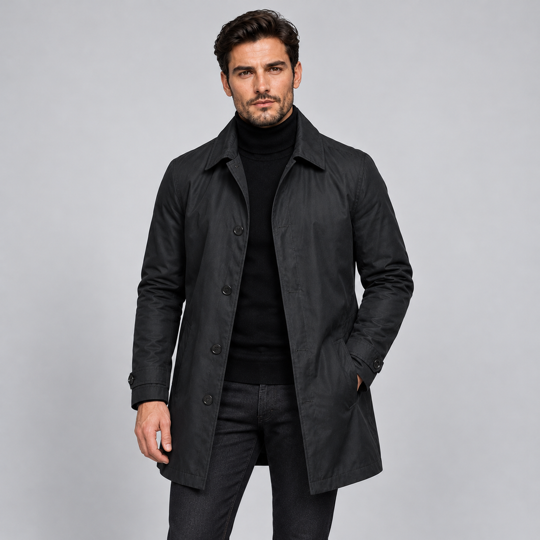 Montarello Men's Tailored Longline Button Front Coat — Black coat worn by model — front
