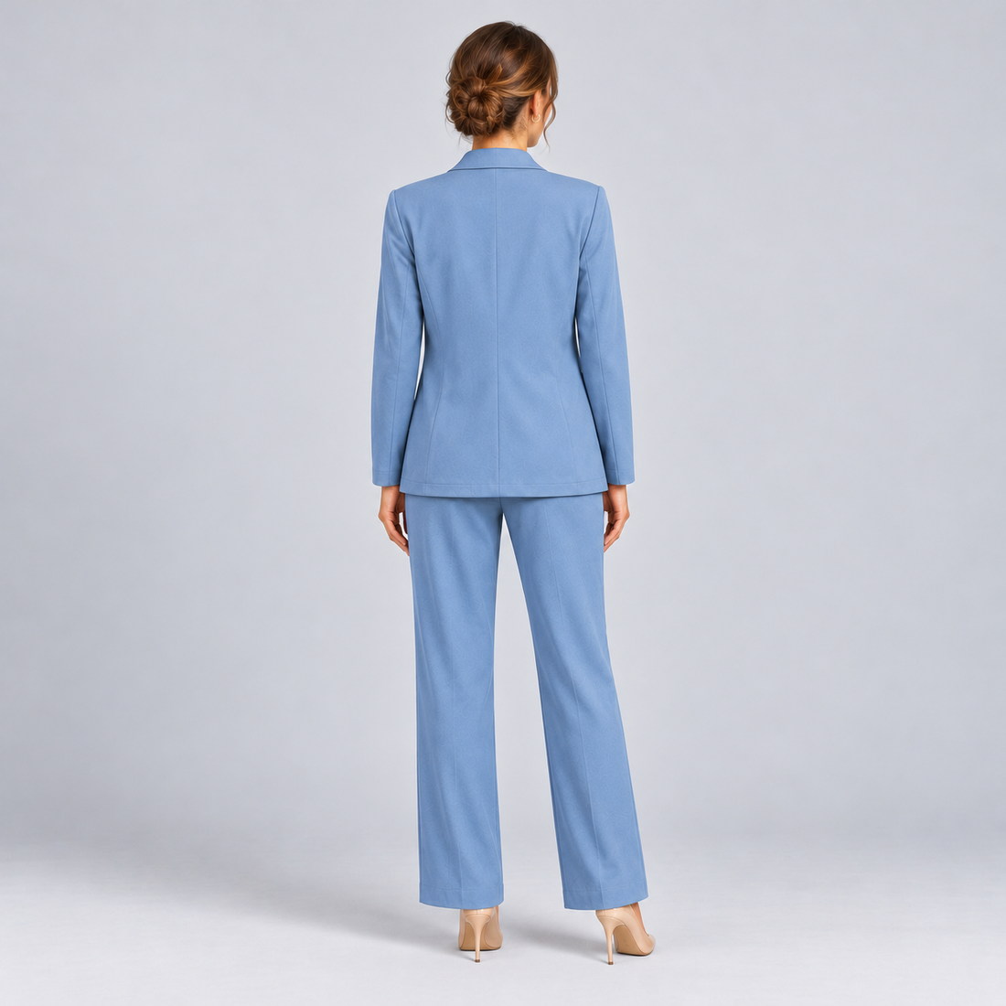 Montarello women's blazer and trouser suit set — blue back studio view