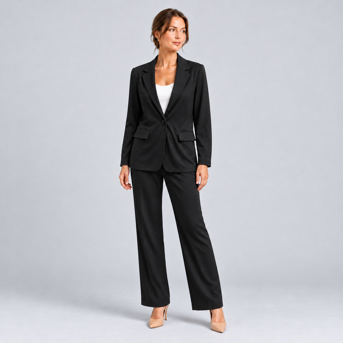 Montarello women's blazer and trouser suit set — black front studio view