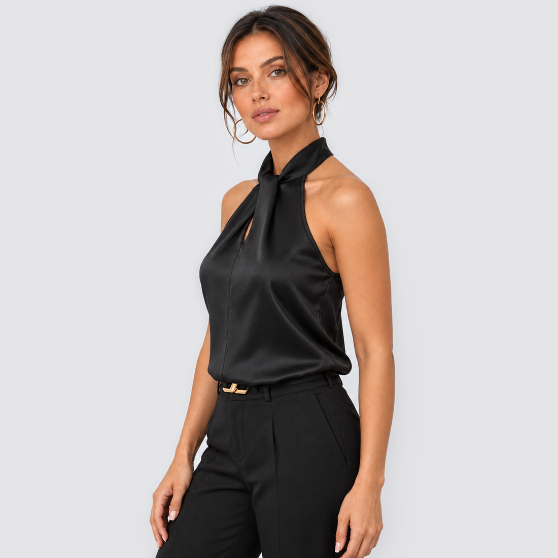 Montarello women's satin-look twist-neck sleeveless evening top - black side