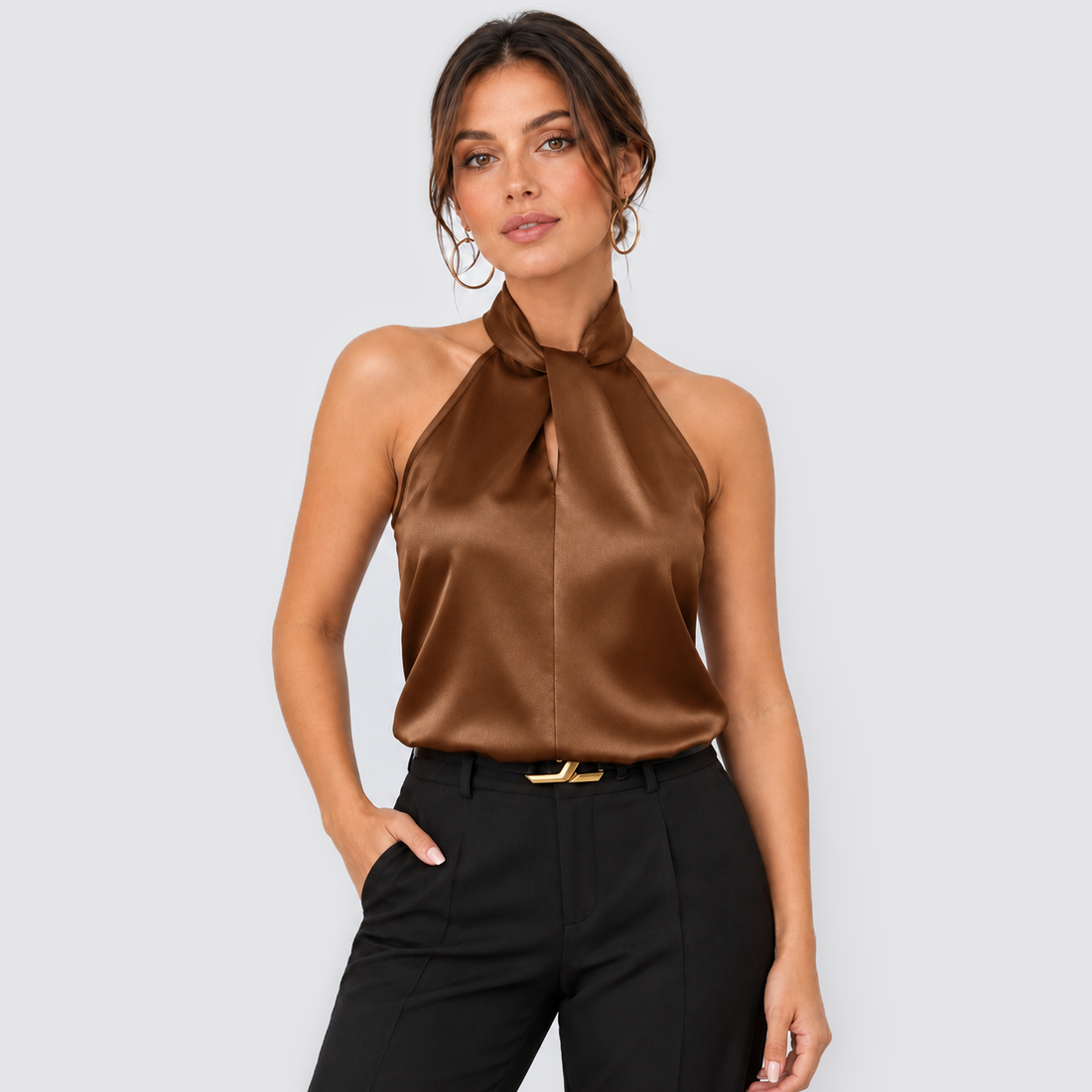 Montarello women's satin-look twist-neck sleeveless evening top - dark brown front