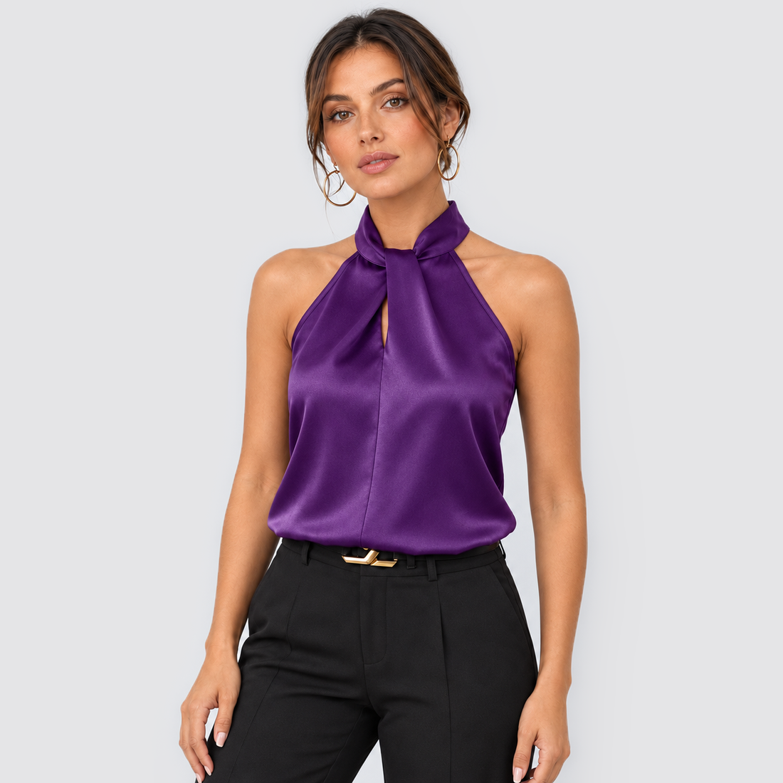 Montarello women's satin-look twist-neck sleeveless evening top - purple front