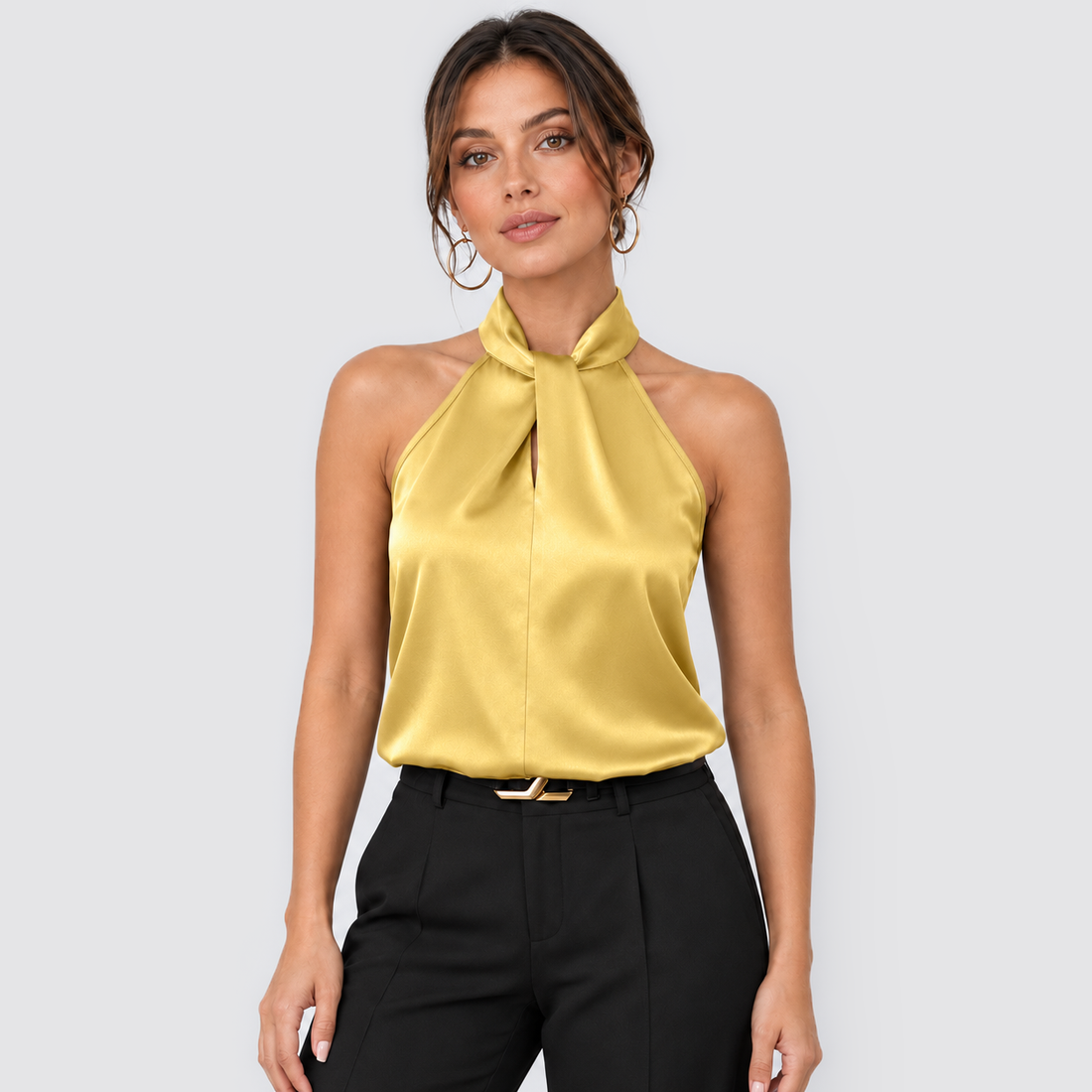 Montarello women's satin-look twist-neck sleeveless evening top - yellow front