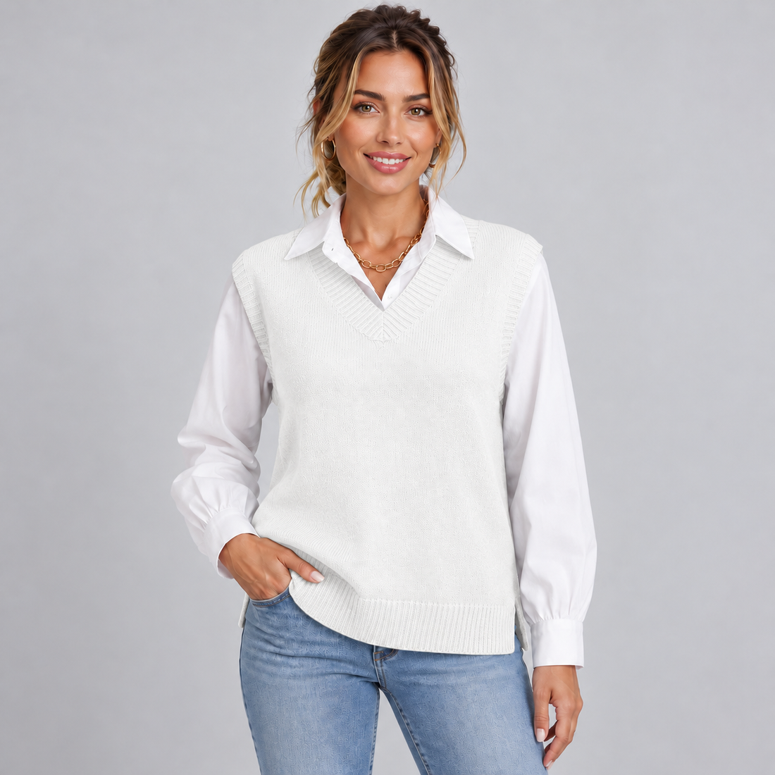Montarello women's knitted V-neck sweater vest in White - relaxed fit with side splits