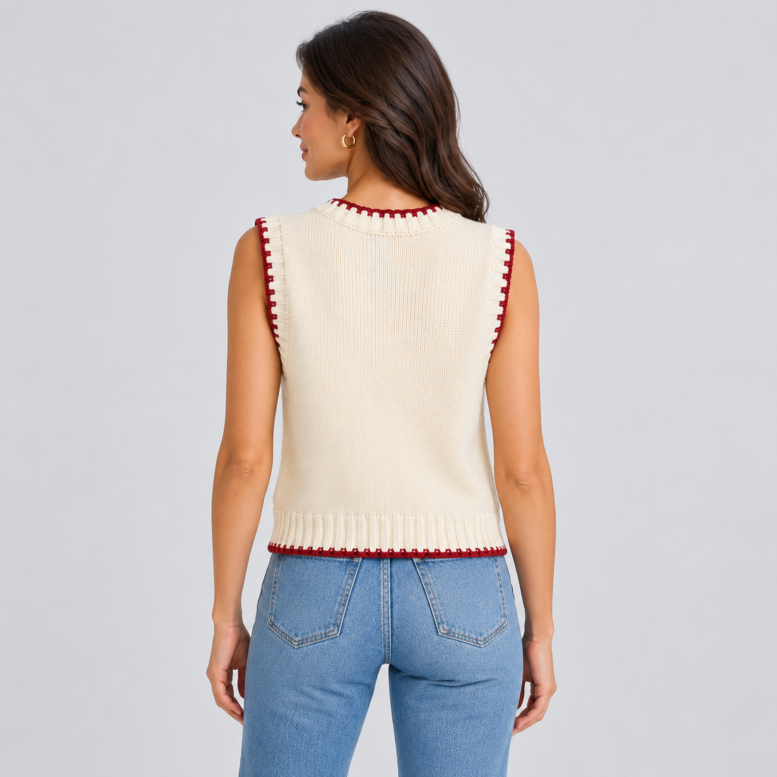 Montarello women's cream sweater vest with red contrast edging – back view