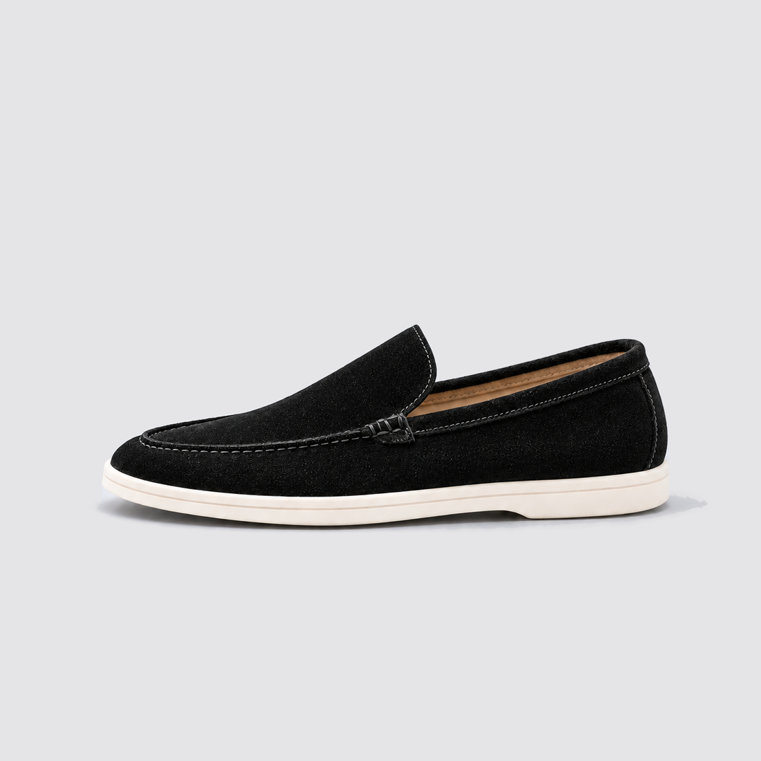 Black shoe, side view, background #e5e5e7