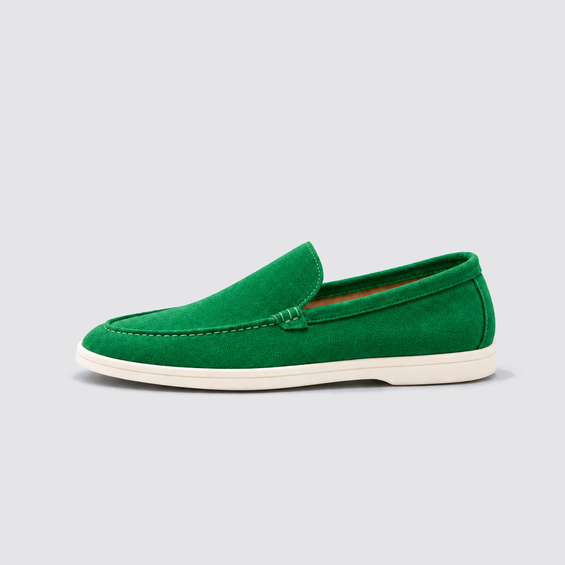 Green shoe, side view, background #e5e5e7