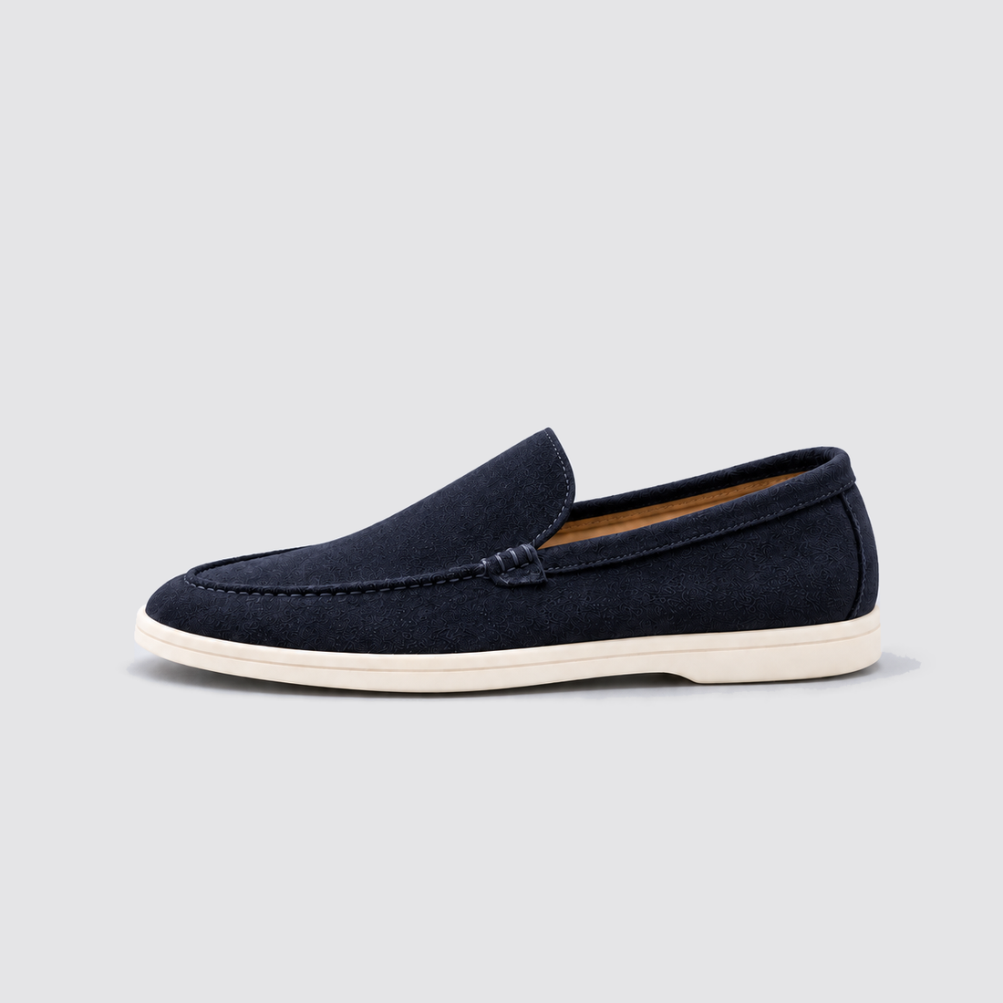 Navy shoe, side view, background #e5e5e7