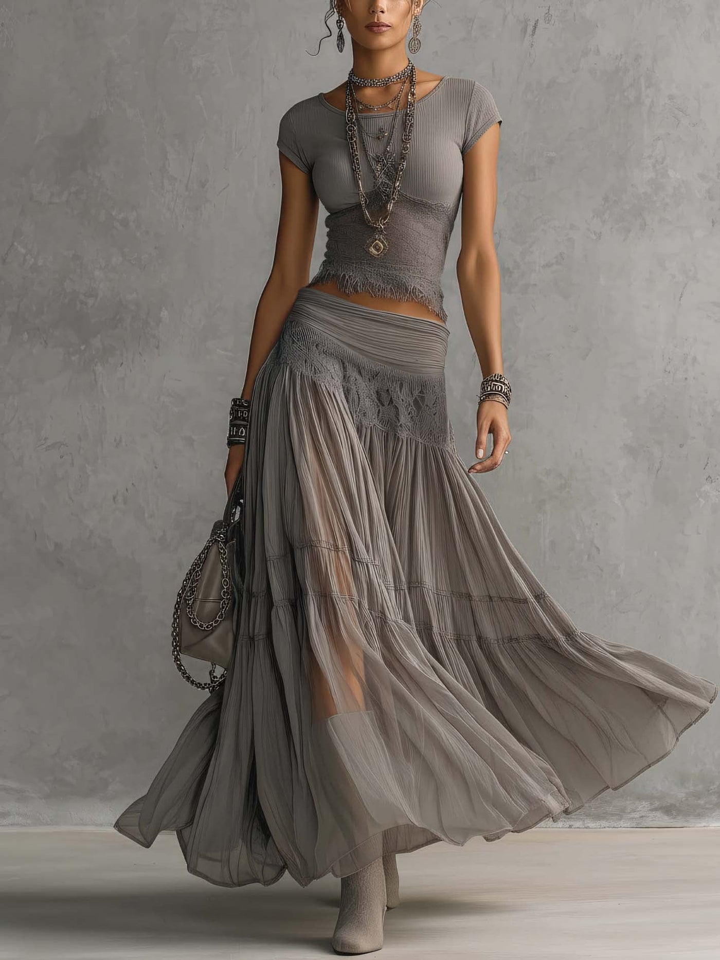 Montarello Women's Lace Panel Top and Pleated Maxi Skirt Co-Ord Set
