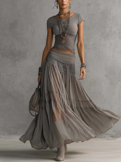 Montarello Women's Lace Panel Top and Pleated Maxi Skirt Co-Ord Set