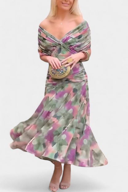 Montarello Ruched V-Neck Women's Maxi Dress with Flowing Sleeves