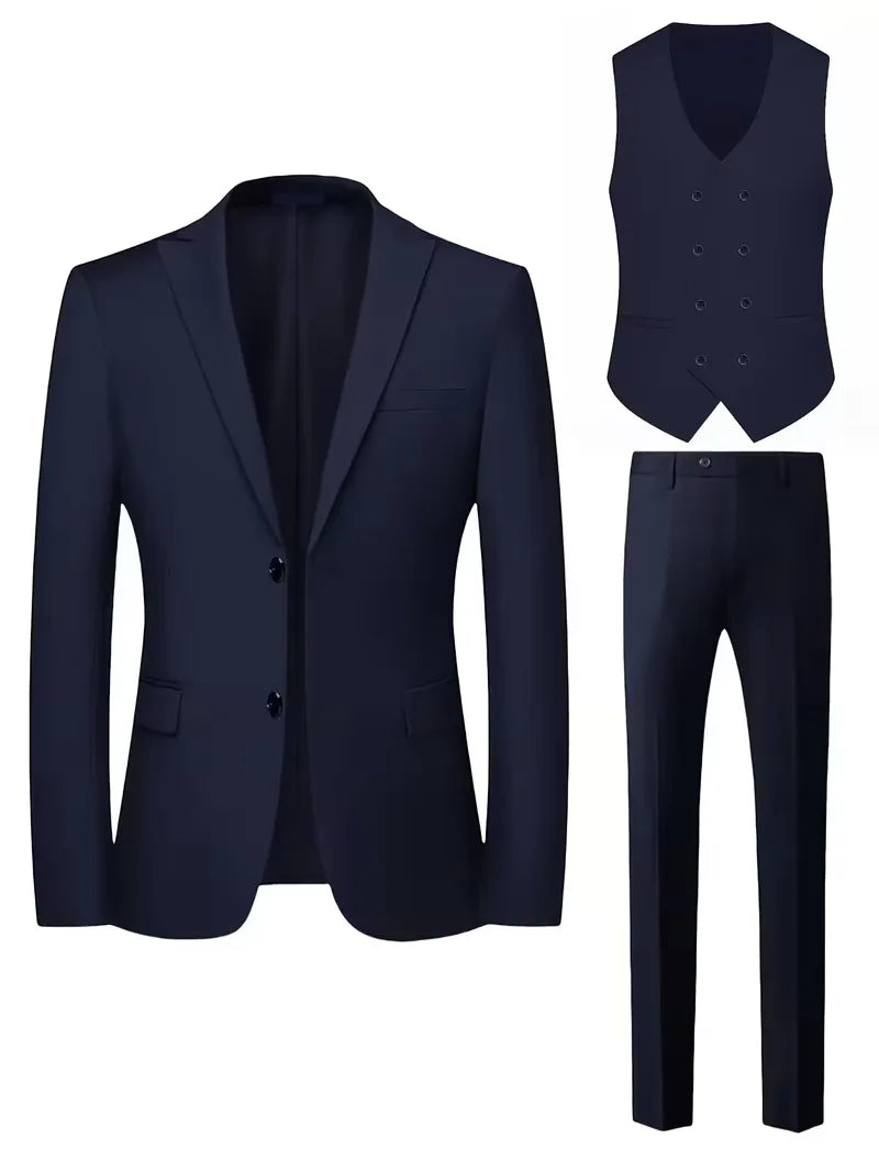 Montarello Men's Slim Fit Three-Piece Suit with Double-Breasted Waistcoat