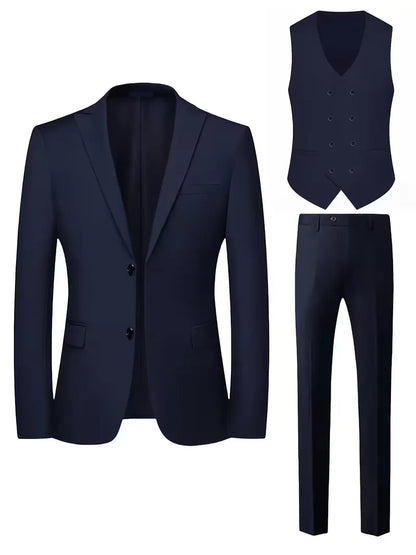Montarello Men's Slim Fit Three-Piece Suit with Double-Breasted Waistcoat
