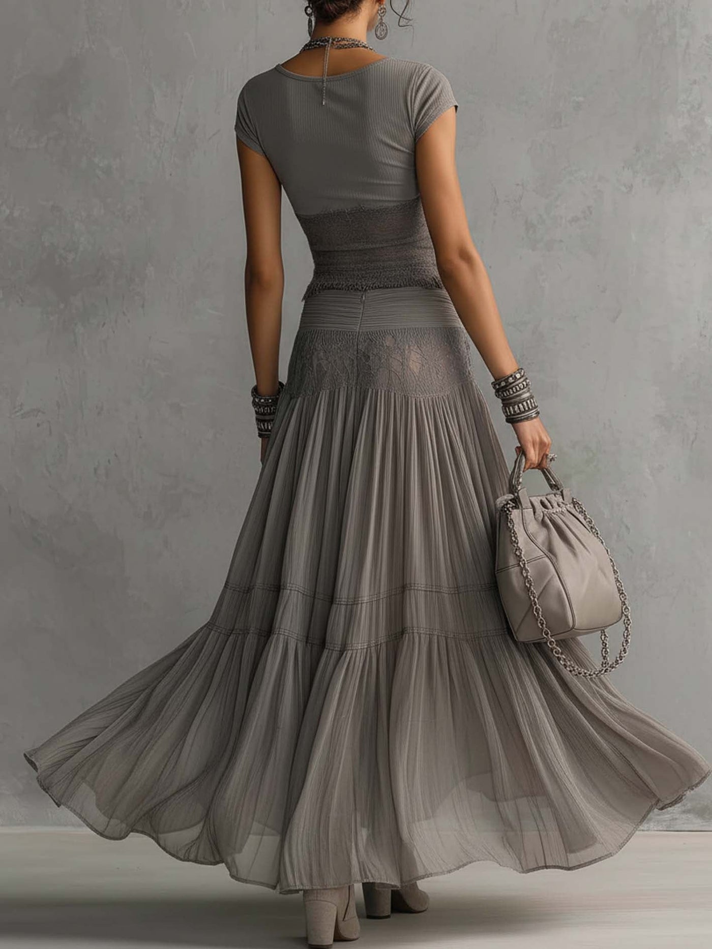 Montarello Women's Lace Panel Top and Pleated Maxi Skirt Co-Ord Set