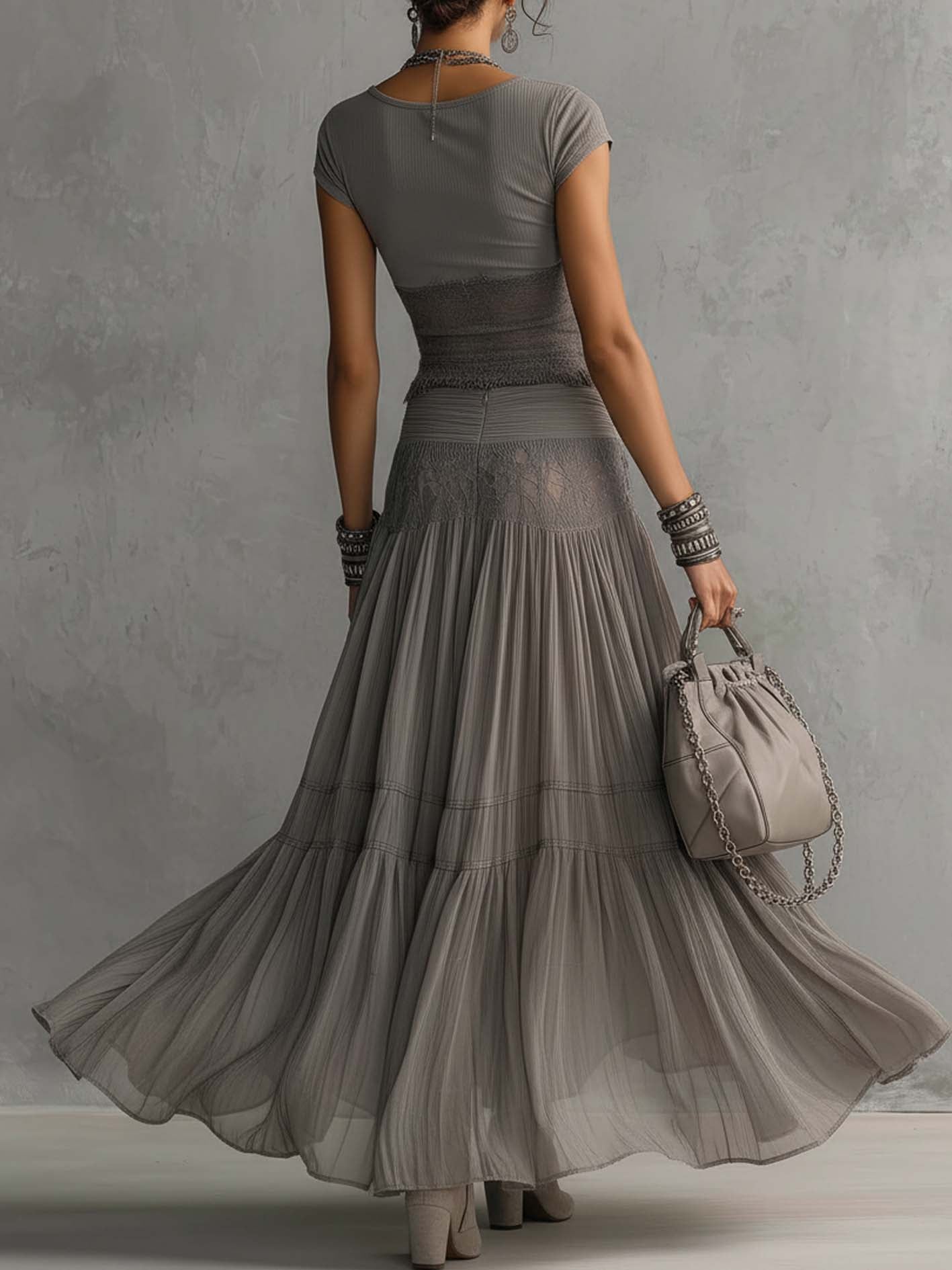 Montarello Women's Lace Panel Top and Pleated Maxi Skirt Co-Ord Set