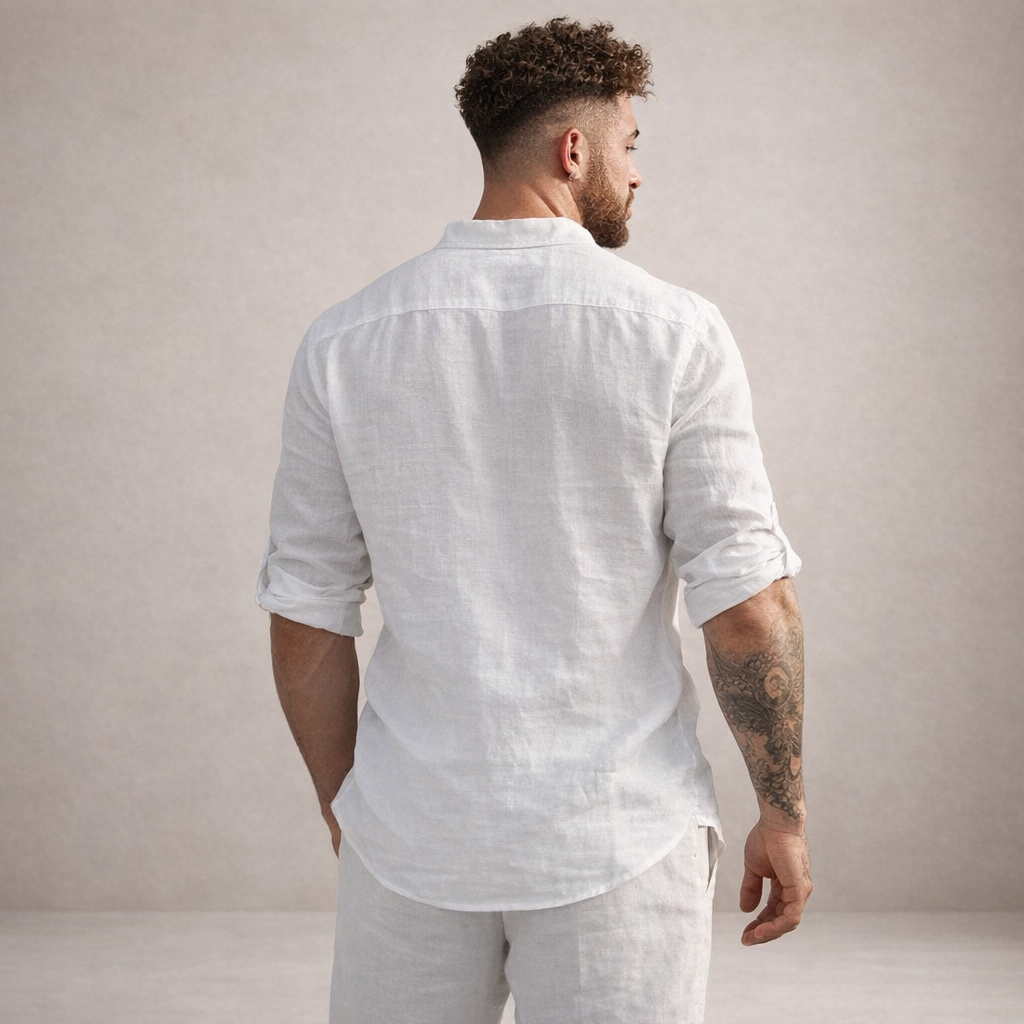 Montarello Men's Linen-Look Stand Collar Shirt Long Sleeve