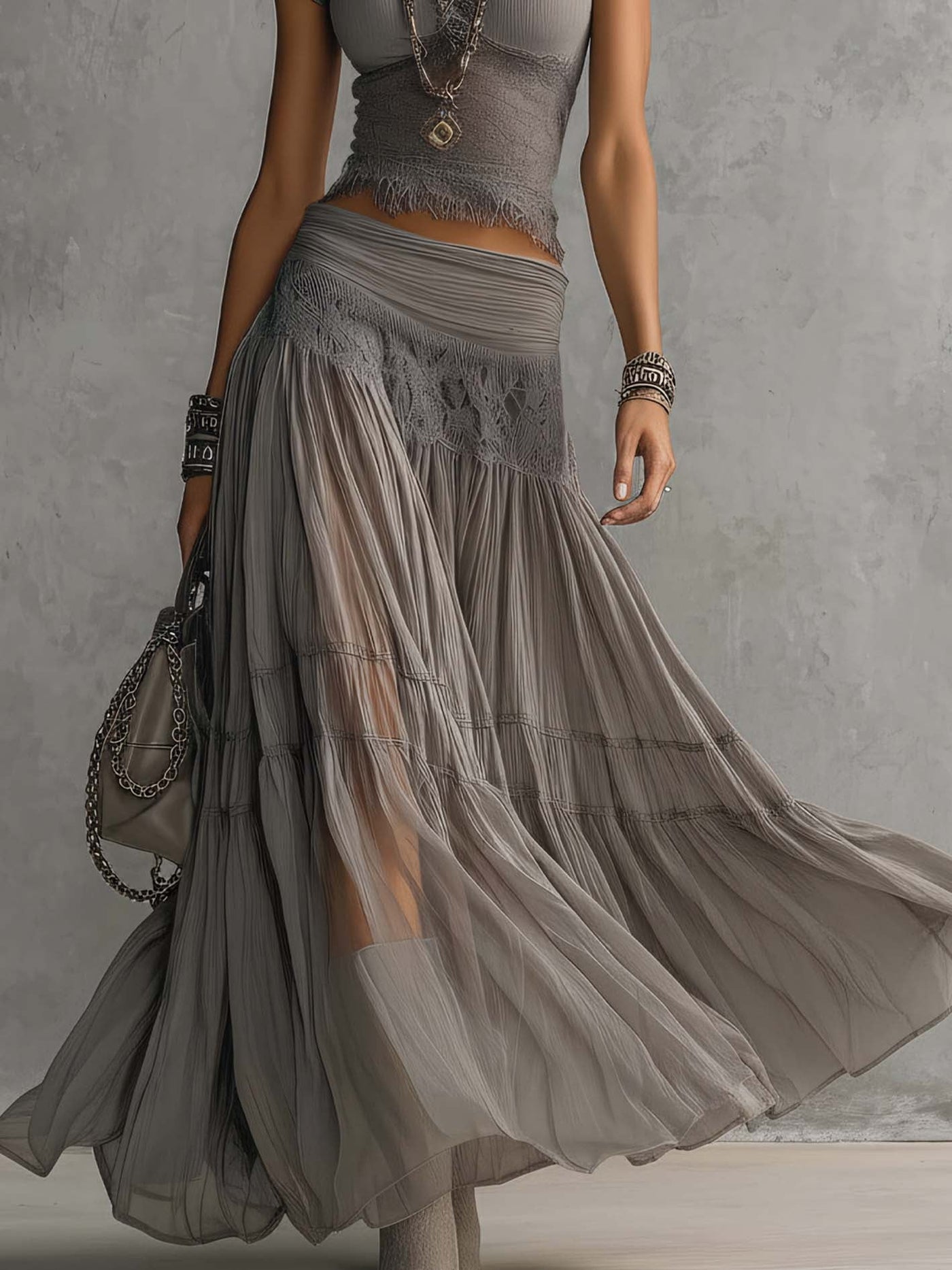 Montarello Women's Lace Panel Top and Pleated Maxi Skirt Co-Ord Set
