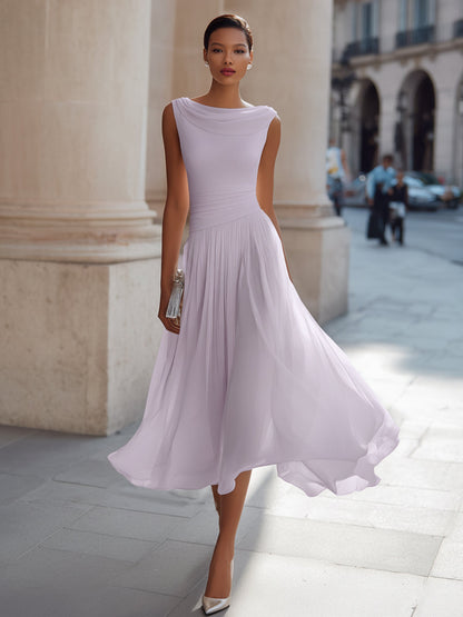 Robe midi plissée sans manches à col bateau pour femme Montarello  