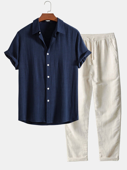 Ensemble chemise col mao et pantalon effet lin pour homme Montarello  