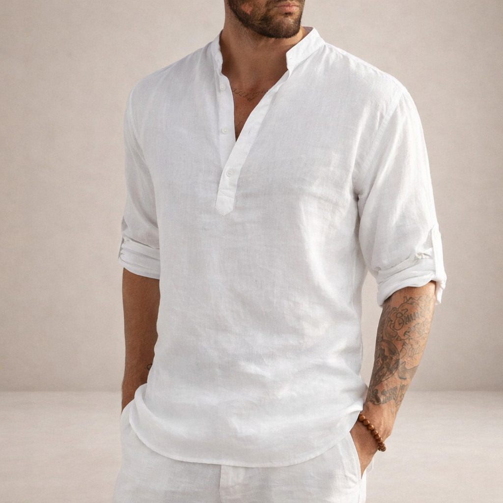 Montarello Men's Linen-Look Stand Collar Shirt Long Sleeve