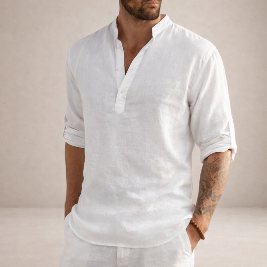 Montarello Men's Linen-Look Stand Collar Shirt Long Sleeve