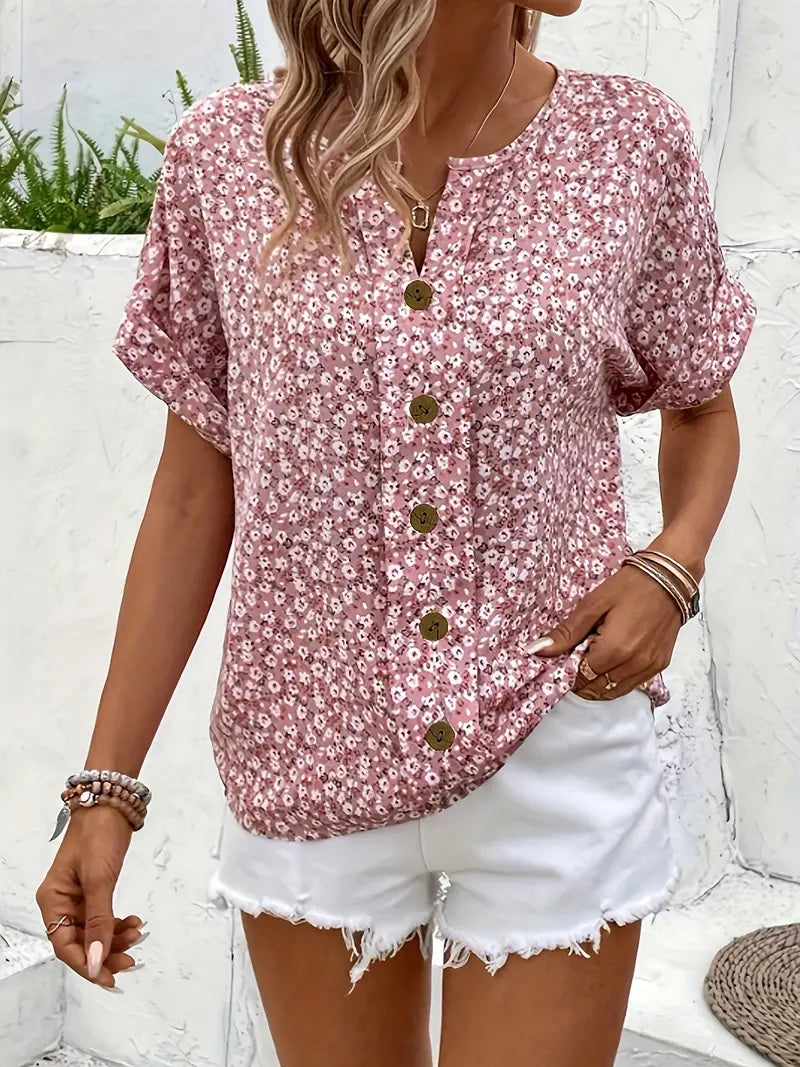 Montarello Women's Floral Print Button Blouse Short Sleeve