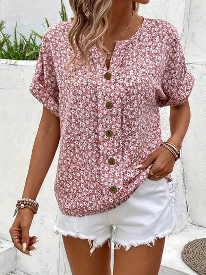 Montarello Women's Floral Print Button Blouse Short Sleeve