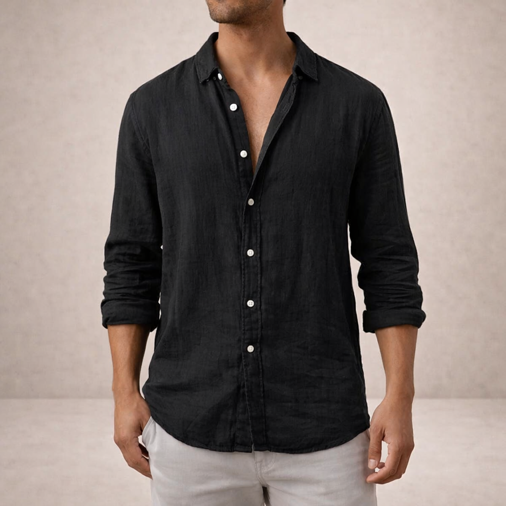 Montarello Men's Linen-Look Open Collar Shirt Long Sleeve