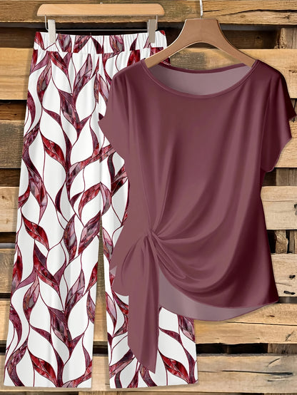Montarello Leaf Print Women's 2-Piece Top & Trouser Set