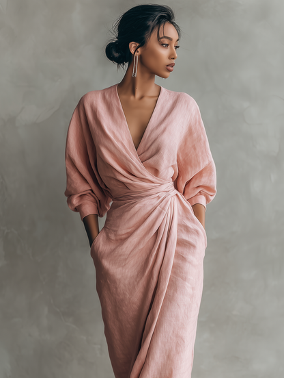 Montarello Women's V-Neck Linen-Look Wrap Maxi Dress