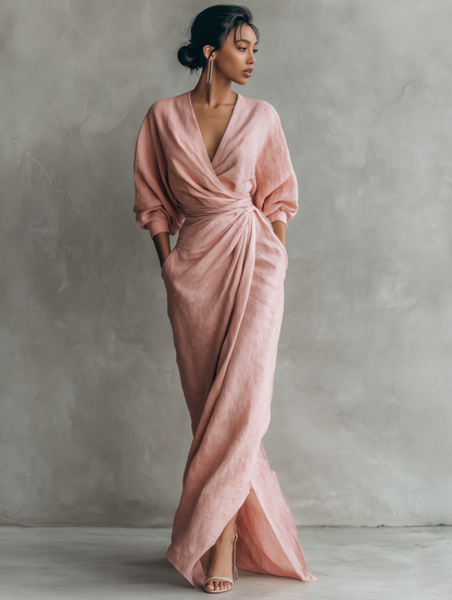 Montarello Women's V-Neck Linen-Look Wrap Maxi Dress