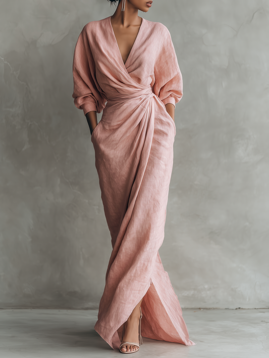 Montarello Women's V-Neck Linen-Look Wrap Maxi Dress