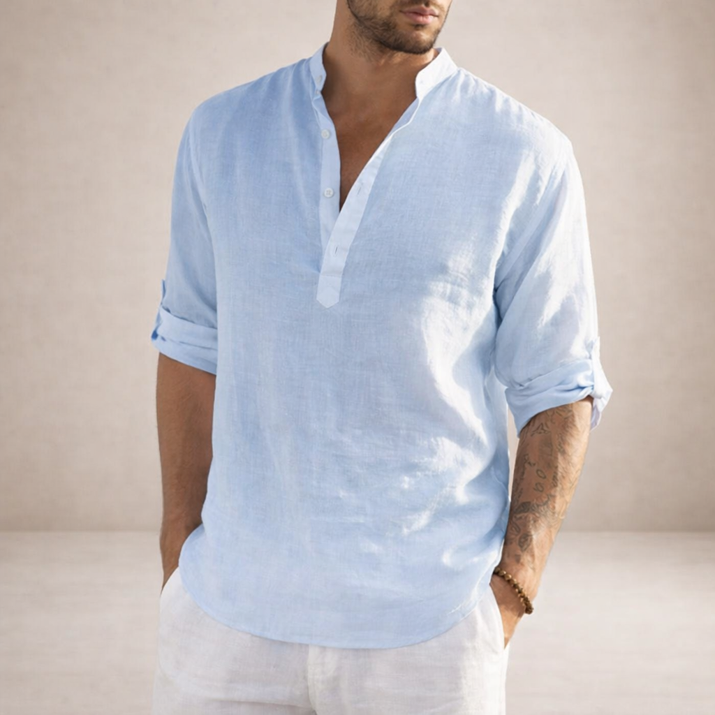Montarello Men's Linen-Look Stand Collar Shirt Long Sleeve