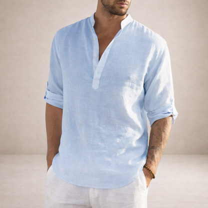 Montarello Men's Linen-Look Stand Collar Shirt Long Sleeve